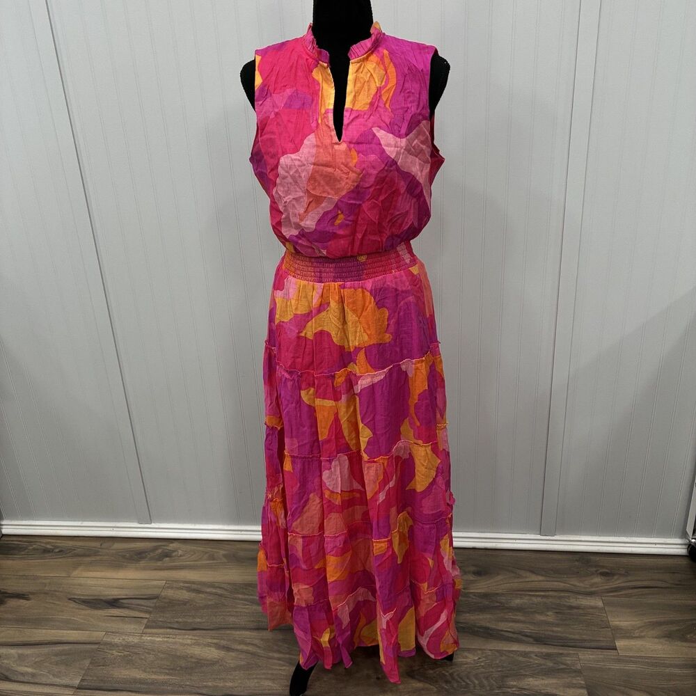 Cynthia Steffe Women's Medium Pink Orange Smocked Waist Maxi Dress Preppy Chic